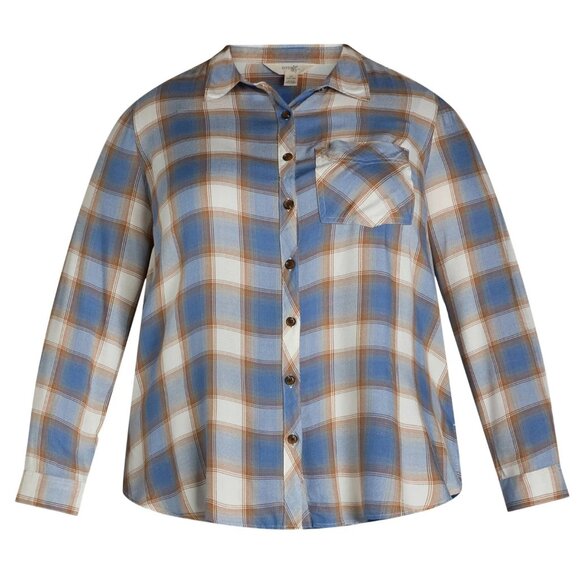 Terra & Sky Tops - Terra & Sky Women's Plus Button Down Shirt Plaid Long Sleeve Size 2X Blue